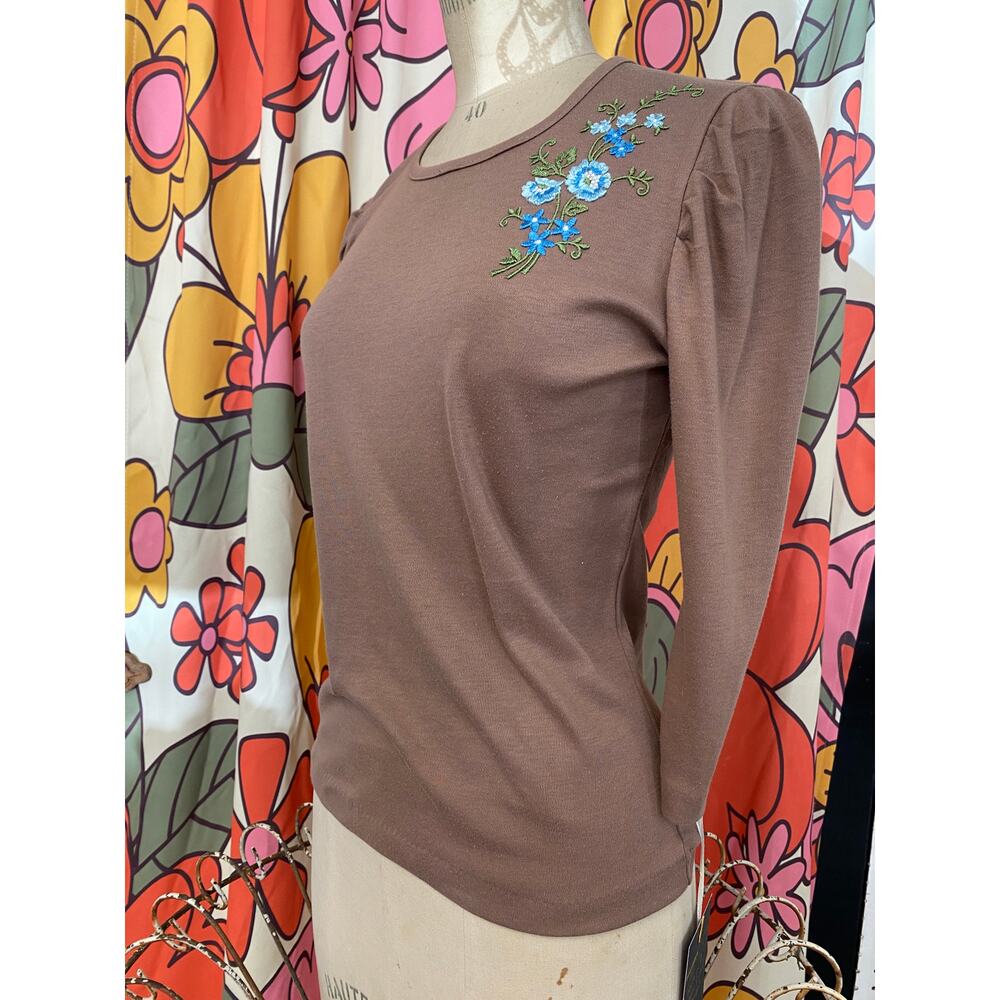 vintage 1970s puff sleeve applique top brown 70s t-shirt small gathered shoulder - Picture 6 of 8